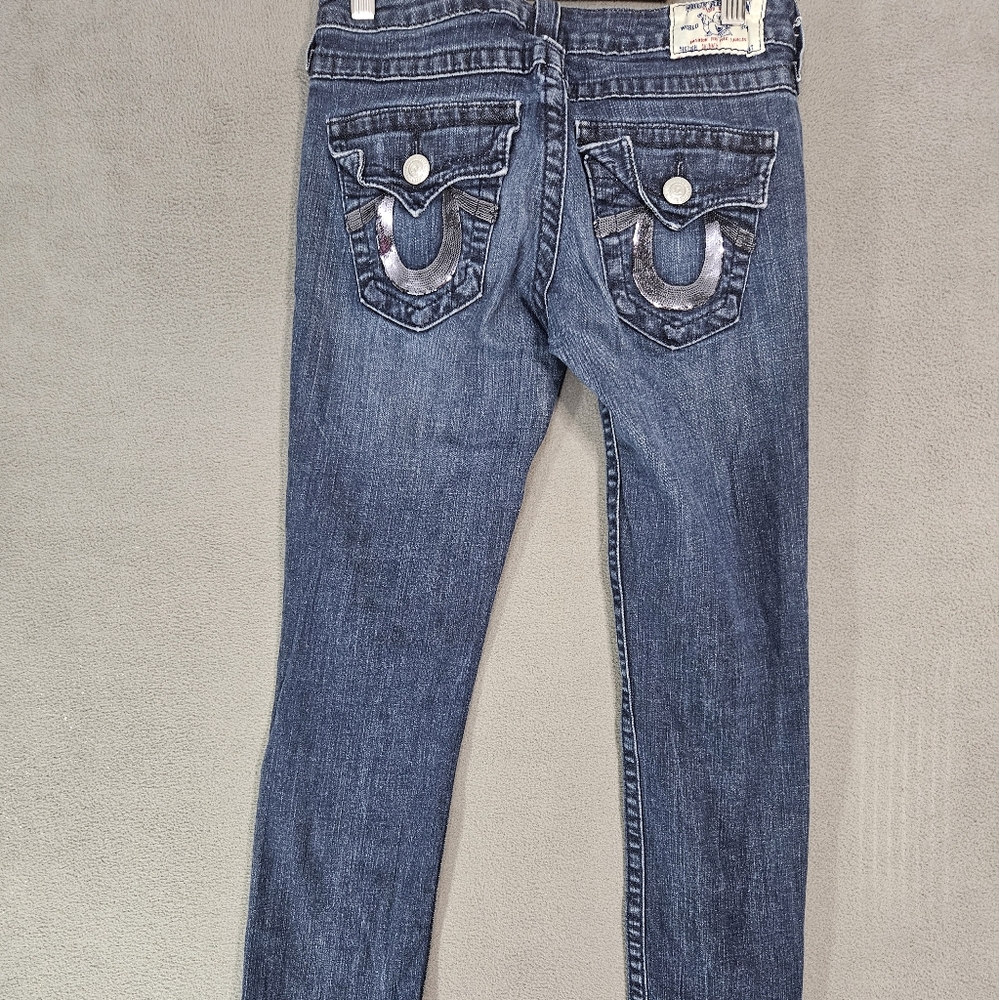True Religion Womens 27 Skinny Leg Blue Jeans Sequin Flap Pockets Stretch